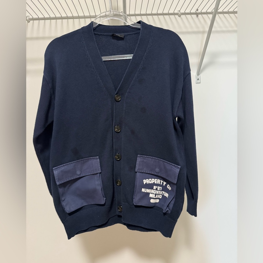 N°21 Kids Unisex Oversized Navy Blue Button-Up Sweater Size 12